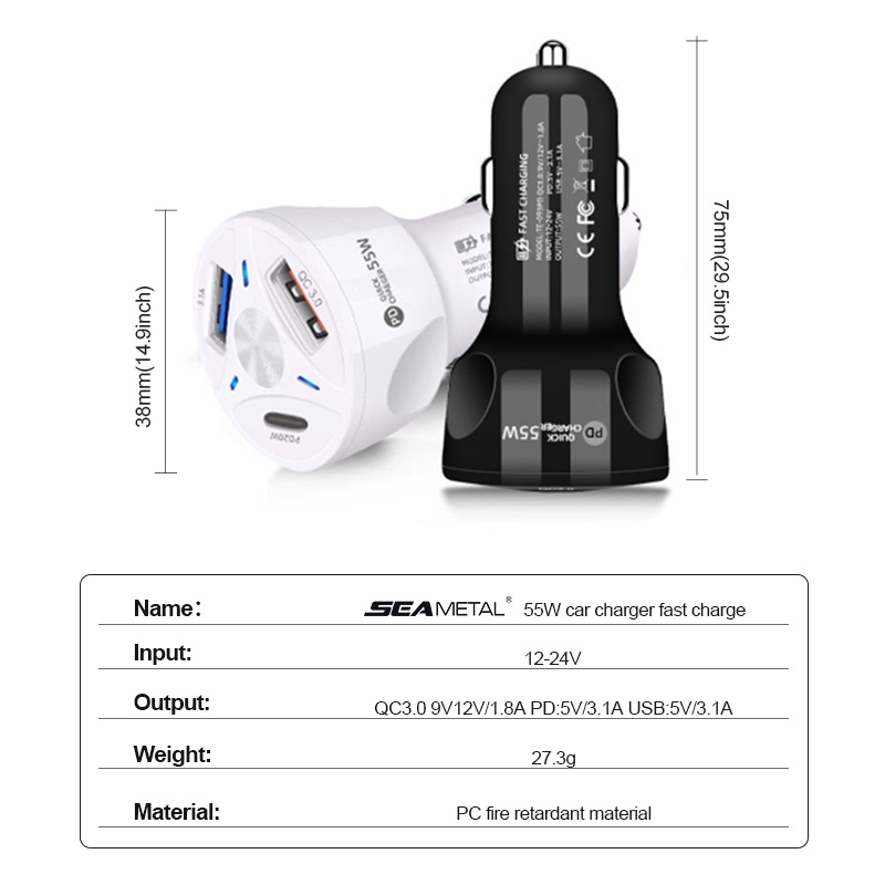 SEAMETAL Tẩu Sạc Nhanh Thông Minh 12V 55W PD 20W QC3.0 USB Type C Cho Xe Hơi