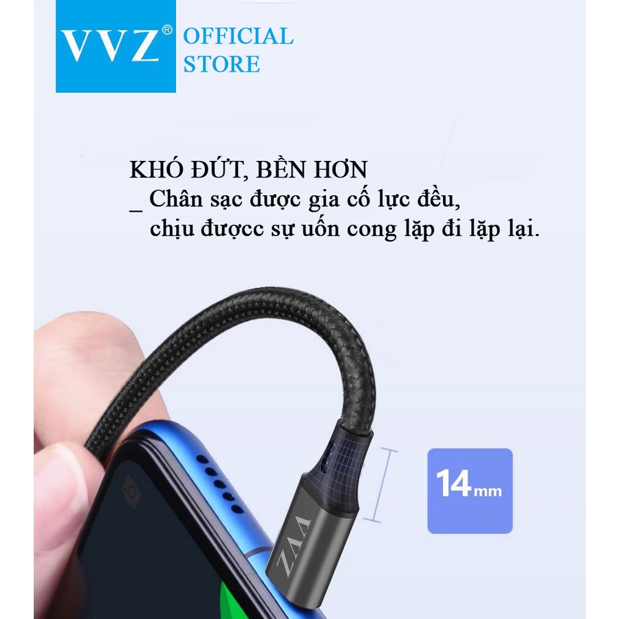 Dây Cáp Sạc Nhanh 2A Bọc Dù Chính Hãng VVZ Lingtning/Type C/Micro/1M/2M Bảo Hành 12 Tháng Lỗi 1 Đổi 1