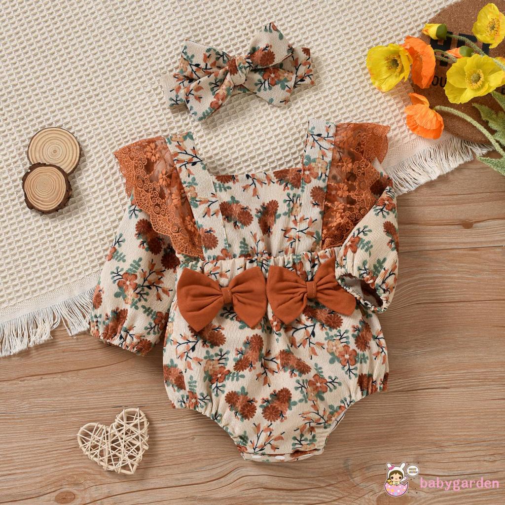 Bộ áo liền quần tay dài phối ren in hoa + băng đô nơ thời trang mùa thu cho bé gái