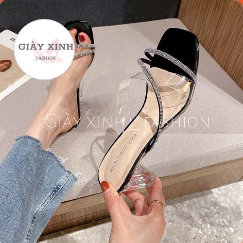 Giày sandal nữ cao gót quai đá óng ánh siêu xinh kết hợp meka sang trọng gót vuông trong suốt 5 phân mã T36