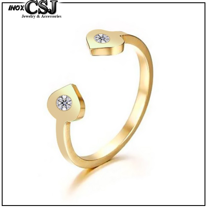 nhẫn titan cao cấp free size màu vàng tươi hình 2 trái tim đính xoàn siêu cute - tặng hộp đựng xinh xắn