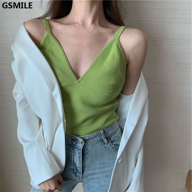 Áo Dệt Kim Hai Dây Cổ Chữ V Phong Cách Hàn Quốc Quyến Rũ