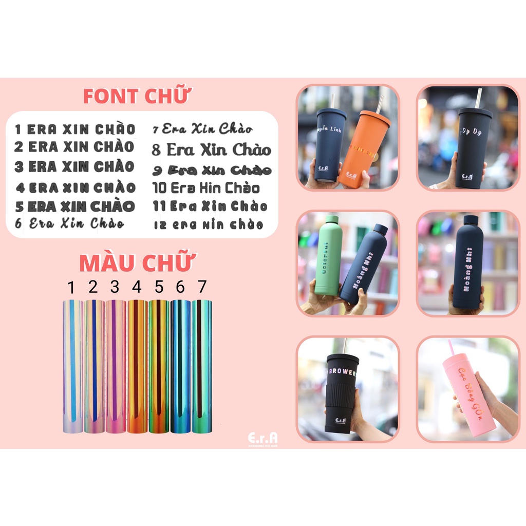 [In chữ miễn phí] Bình Đựng Nước Thiết Kế Độc Quyền Cylin ERASHOP 450ML - Giữ Nhiệt 24H- Thép Không Gỉ Cao Cấp, Rẻ Đẹp