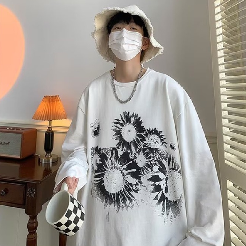 Áo Thun Tay Dài Dáng Rộng In Họa Tiết Hoa Phong Cách Hàn Quốc Thời Trang Cho Nam Và Nữ size M-5XL