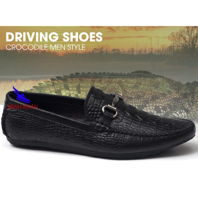 Giày Mọi Nam Da bò Đẹp vân cá sấu đế bệt xỏ tiện lợi êm chân đơn giản lái xe ô tô cho nam hàng hiệu giá rẻ M-6 màu đen
