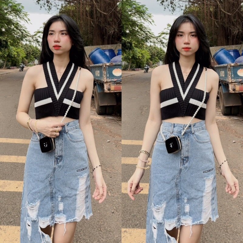 ÁO LEN CROP-CHÂN VÁY JEAN