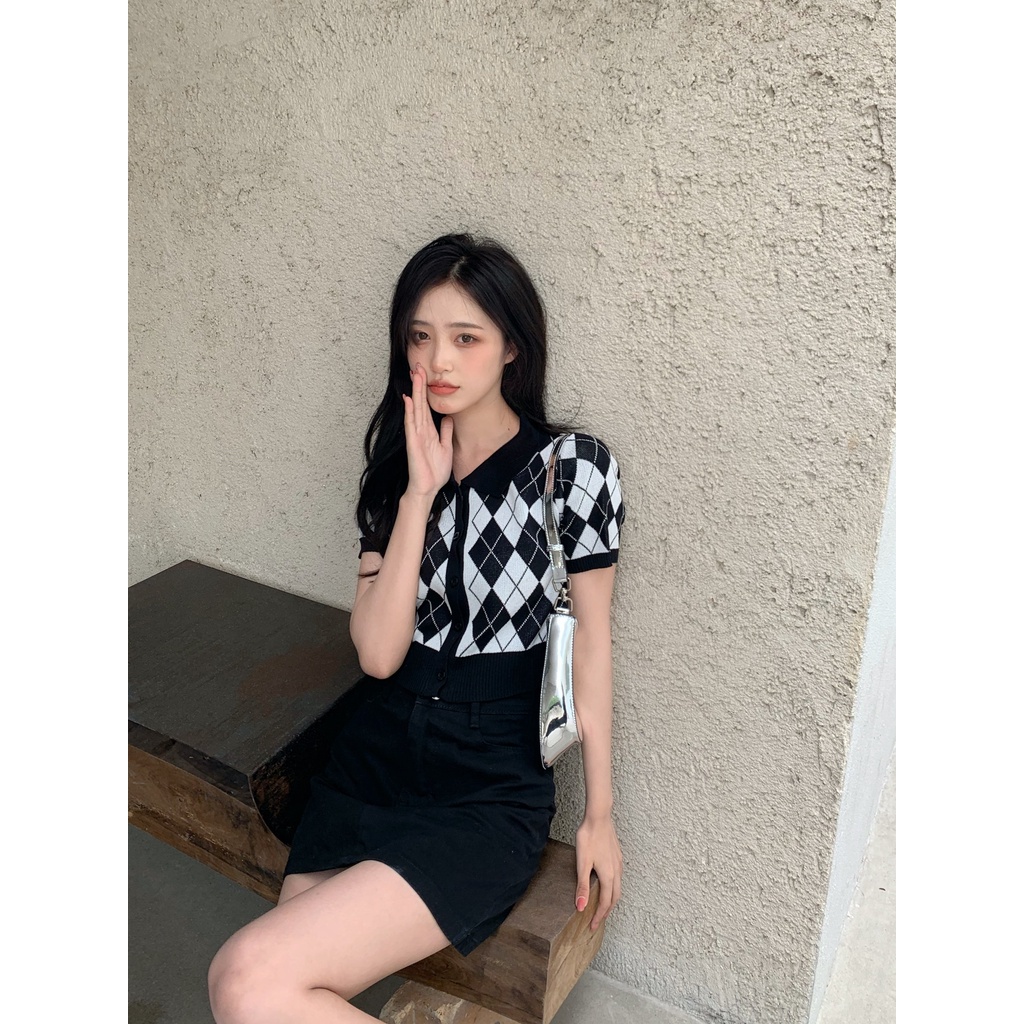 [CÓ SẴN] Áo Croptop Tay Ngắn Cổ Polo Kẻ Ô Hàn Quốc AL17