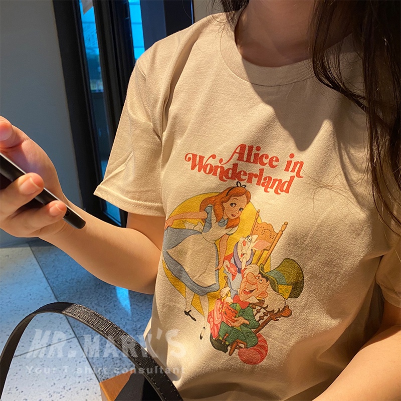 Áo thun SUXI ngắn tay dáng rộng in họa tiết cổ điển phong cách Hàn Quốc