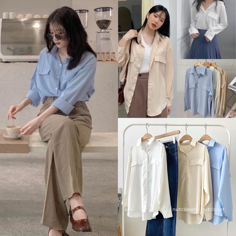 [Ảnh thật/Video]Áo sơ mi túi ngực dài tay form rộng hàn quốc