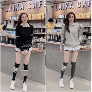 Anu618 - áo nỉ da cá nữ phối cổ sơ mi tay sọc đỏ