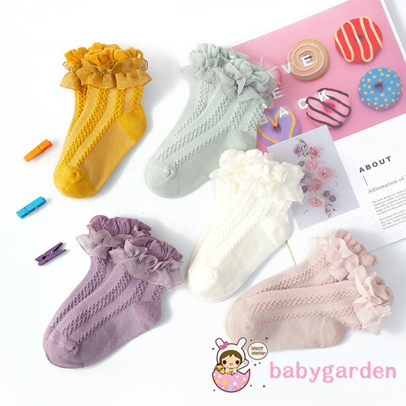 Tất ống ngắn màu trơn chống trượt phối hình dệt kim dành cho bé gái