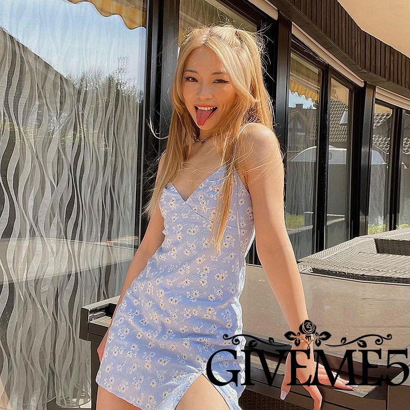 Đầm chữ A hai dây cổ V xẻ tà in họa tiết hoa dành cho nữ