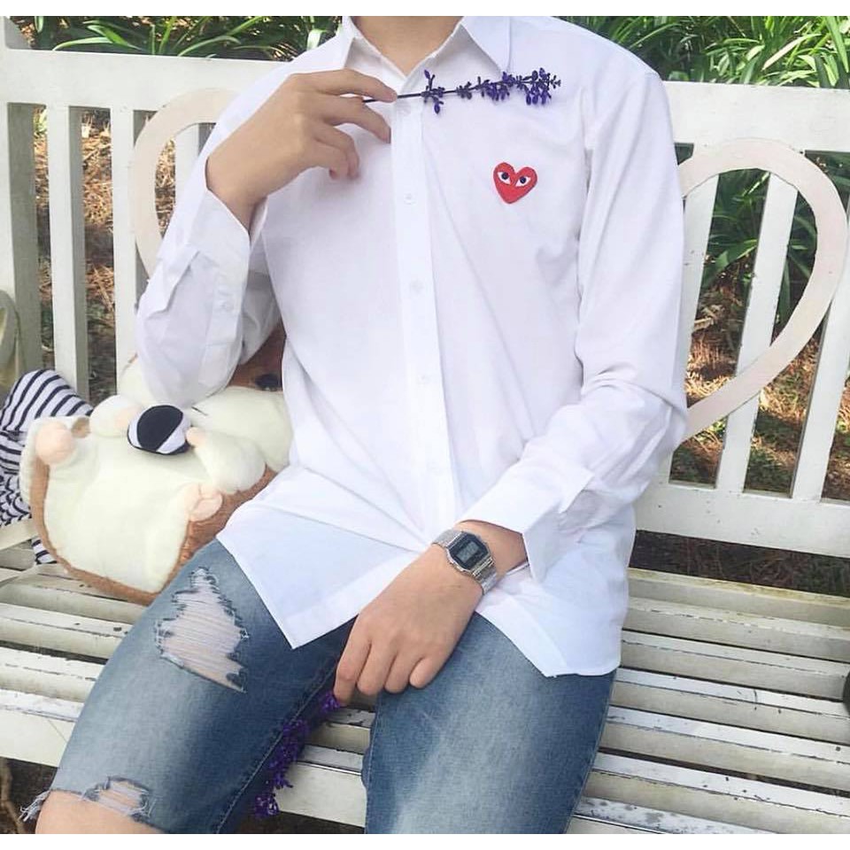 Áo Sơmi Tim CDG Unisex Màu Trắng/Đen