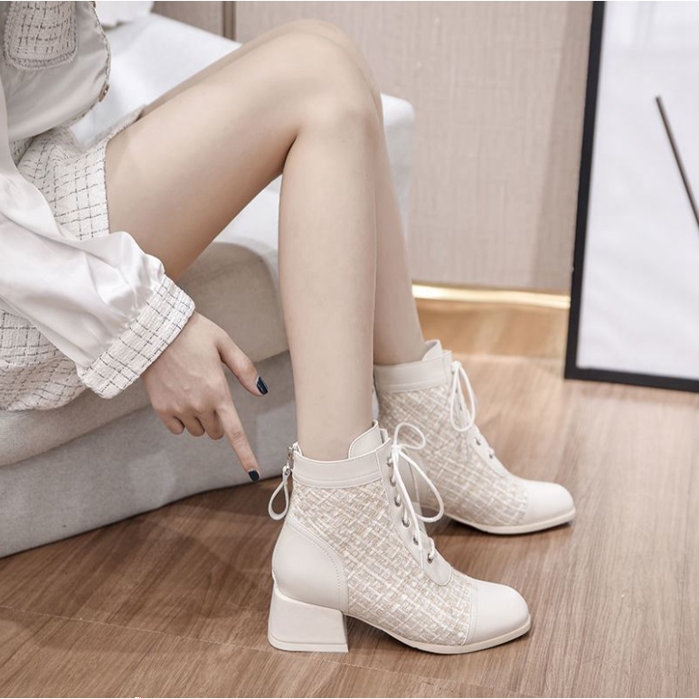 Boot Nữ Giày Bốt Kẻ Caro Cổ Cao Cao Gót 5 Phân Phong Cách Anh quốc