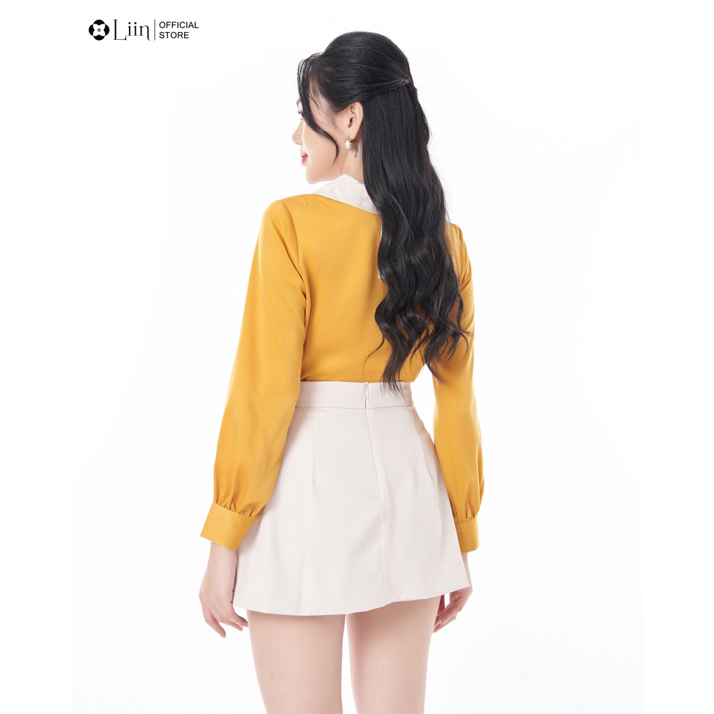 Áo kiểu nữ linbi màu vàng mix cổ nơ be kiểu dáng trẻ trung, mặc tôn da liin clothing A2266