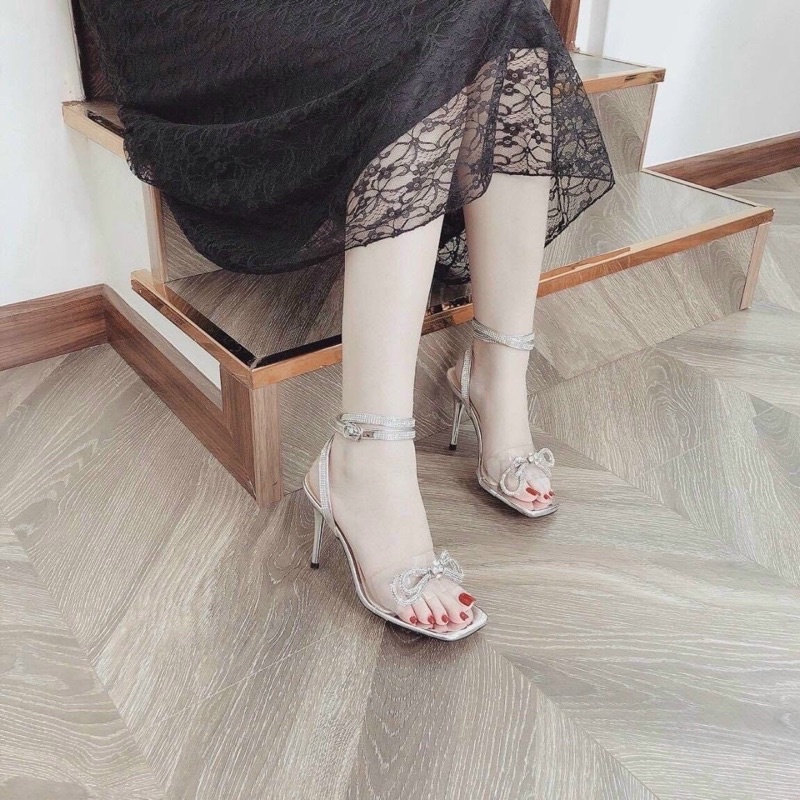 [ Bán Sỉ ] Sandal cao gót quai trong phối nơ đá mã dây cuốn 2 vòng đá cực đẹp