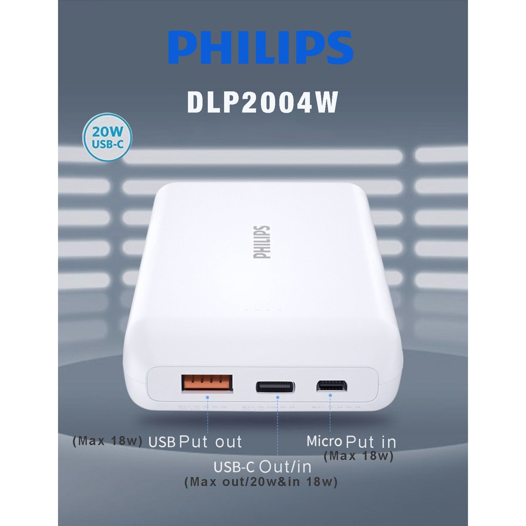 Sạc Dự Phòng Philips iPhone PD 20W DLP2005W 20000mAh DLP2004W 10000mAh PowerCore Slim Sạc Nhanh,2 Cổng Đầu Ra PD Max 20W