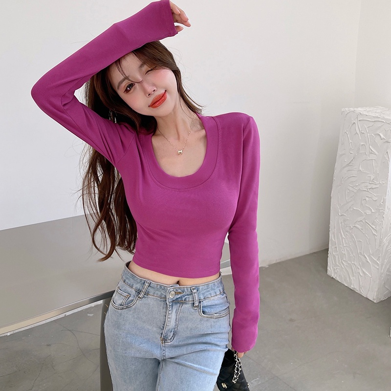 Áo Croptop Tay Dài Cổ Chữ U Màu Sắc