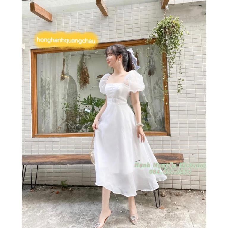 Váy trắng dự tiệc tiểu thư tay phồng cổ vuông, Váy công chúa trắng tay bồng có đệm ngực - Hồng Hạnh Quảng Châu  ྇