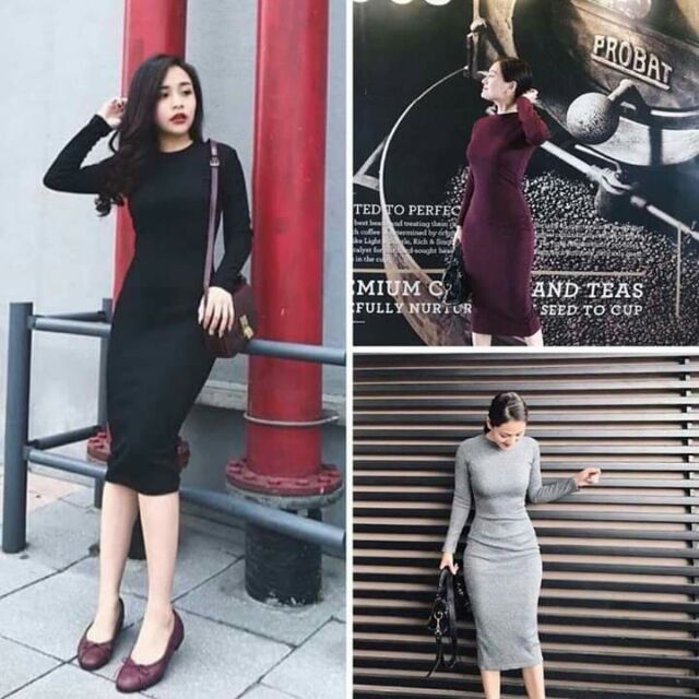 Đầm body tay dài ,chất thun gân dày dặn co giãn