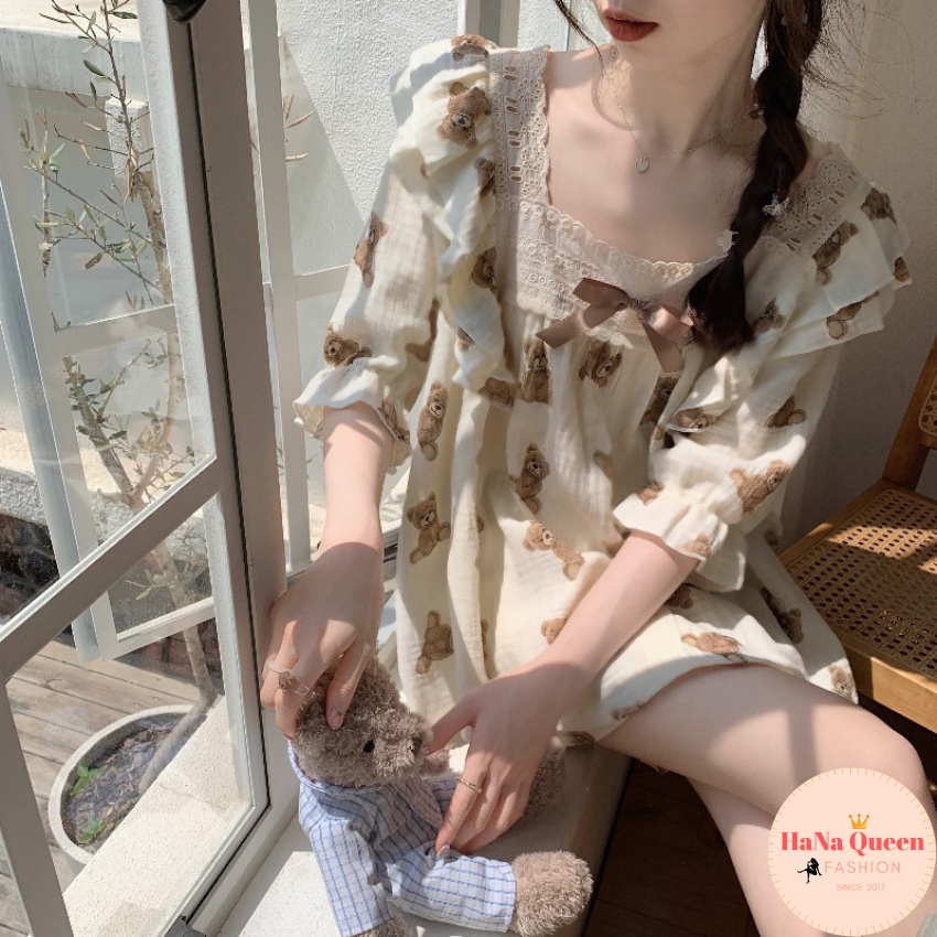 Bộ đồ tay lỡ quần đùi phối ren hoạ tiết gấu siêu xinh (Hàng có sẵn)