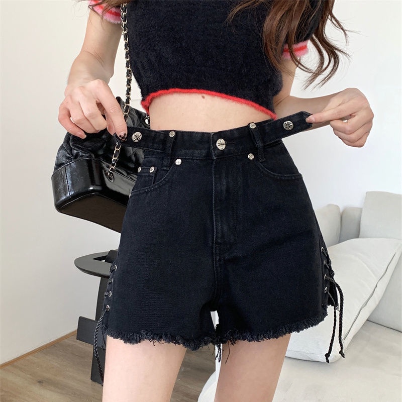 Quần Short Denim Màu Đen Lưng Cao Phong Cách Hàn Quốc Cho Nữ