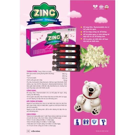 ZINC - Bổ sung Kẽm, Thymodulin, vị quả cơm cháy hỗ trợ tăng sức đề kháng, hộp 20 ống dùng cho bé từ 6 tháng