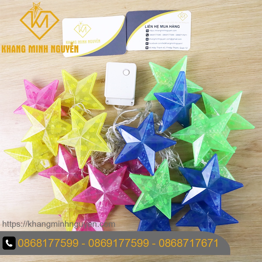 Đèn trang trí Noel, Giáng Sinh - Bộ đèn 20 ngôi sao nhiều màu có chớp, không đổi màu - có bọc nhựa chống nước