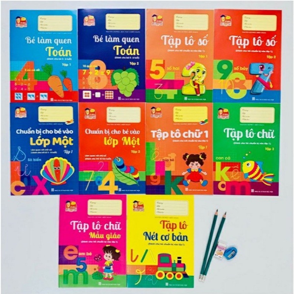 Sách - Bộ hành trang cho bé vào lớp 1 tập tô tập viết chữ, số - 10 quyển kèm bút chì và tẩy NSTO