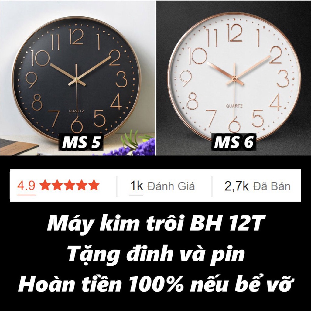 Đồng hồ treo tường kim trôi Quartz có Kính (FREE pin và đinh, 30cm)