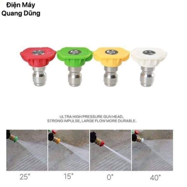 Bộ 4 Béc phun - Đầu béc gắn súng xịt rửa của máy rửa xe áp lực cao - Ren nối nhanh 1/4 inch