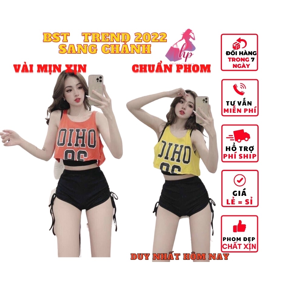 Set đồ nữ 3 món thể thao áo croptop ba lỗ sát nách phom rộng kèm áo 2 dây ôm body + quần cộc rút eo 2 bên mẫu mới sang c