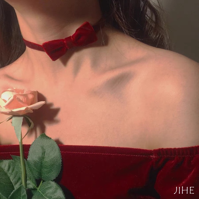 【JIHE】Vòng Cổ choker Màu Đỏ Rượu Vang Thiết Kế Đơn Giản Thời Trang
