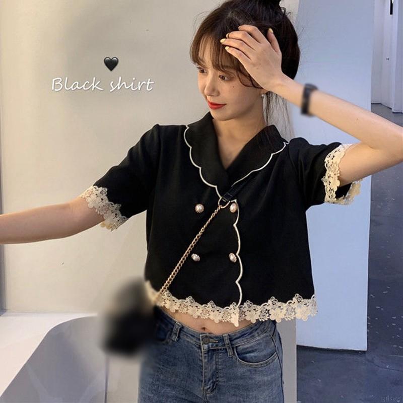 Áo Kiểu Tay Ngắn Cổ Búp Bê Phối Ren Thanh Lịch Phong Cách Hàn Quốc