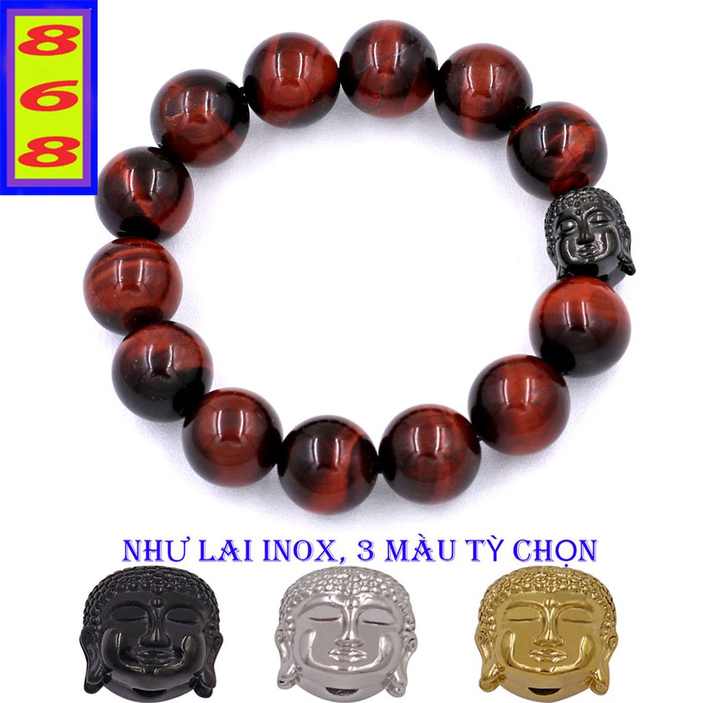 Vòng đeo tay Đá Tự Nhiên Màu Đỏ Đen 14 ly charm Phật A Di Đà inox VMHOENLE14 - hợp mệnh Hỏa, mệnh Thổ