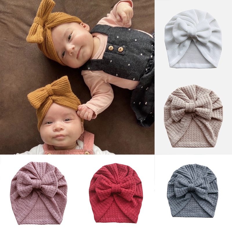 Mũ beanie cotton mềm màu trơn đính nơ thời trang thu đông 2021 cho bé gái