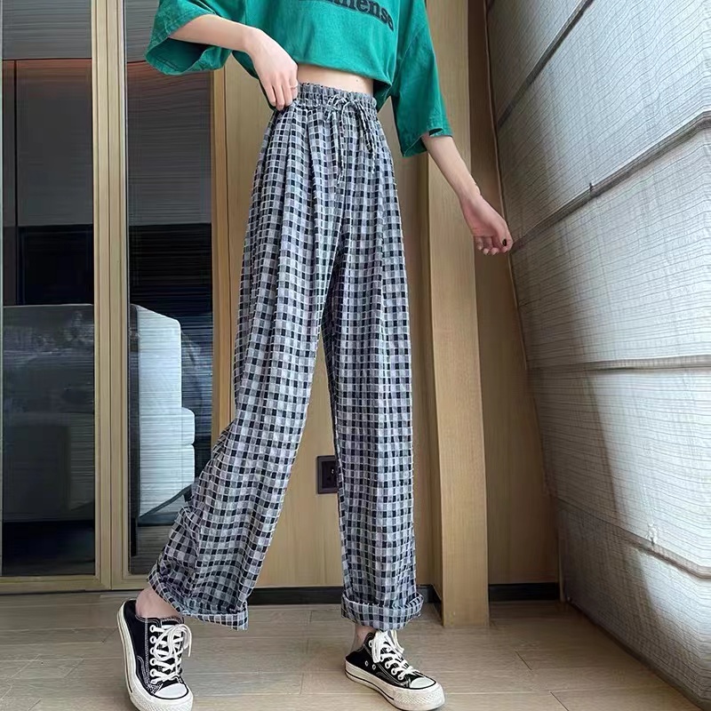 Quần dài BH lưng cao ống rộng họa tiết sọc caro thời trang mùa hè cho nữ