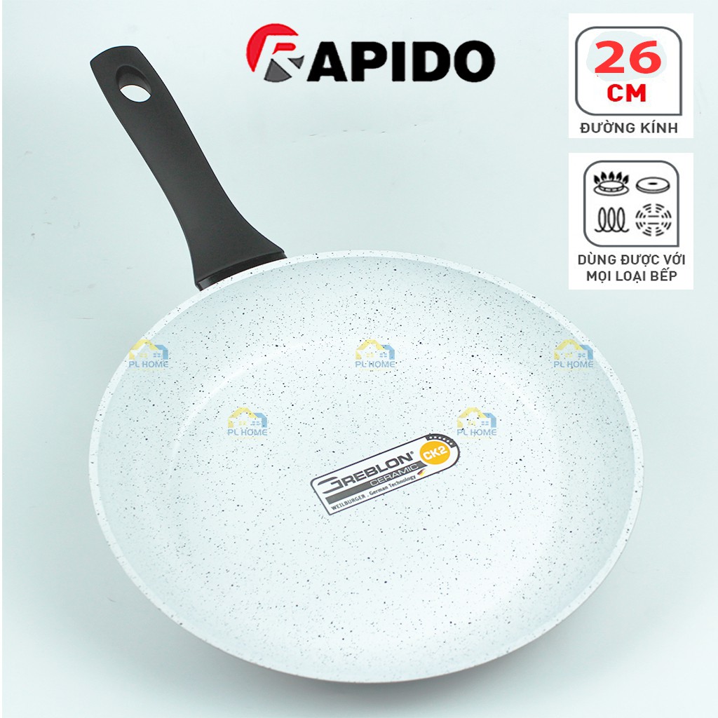 Chảo chống dính bếp từ Rapido size 26 cm, 2 lớp men gốm Greblon chống dính siêu bền, Sử dụng được các loại bếp