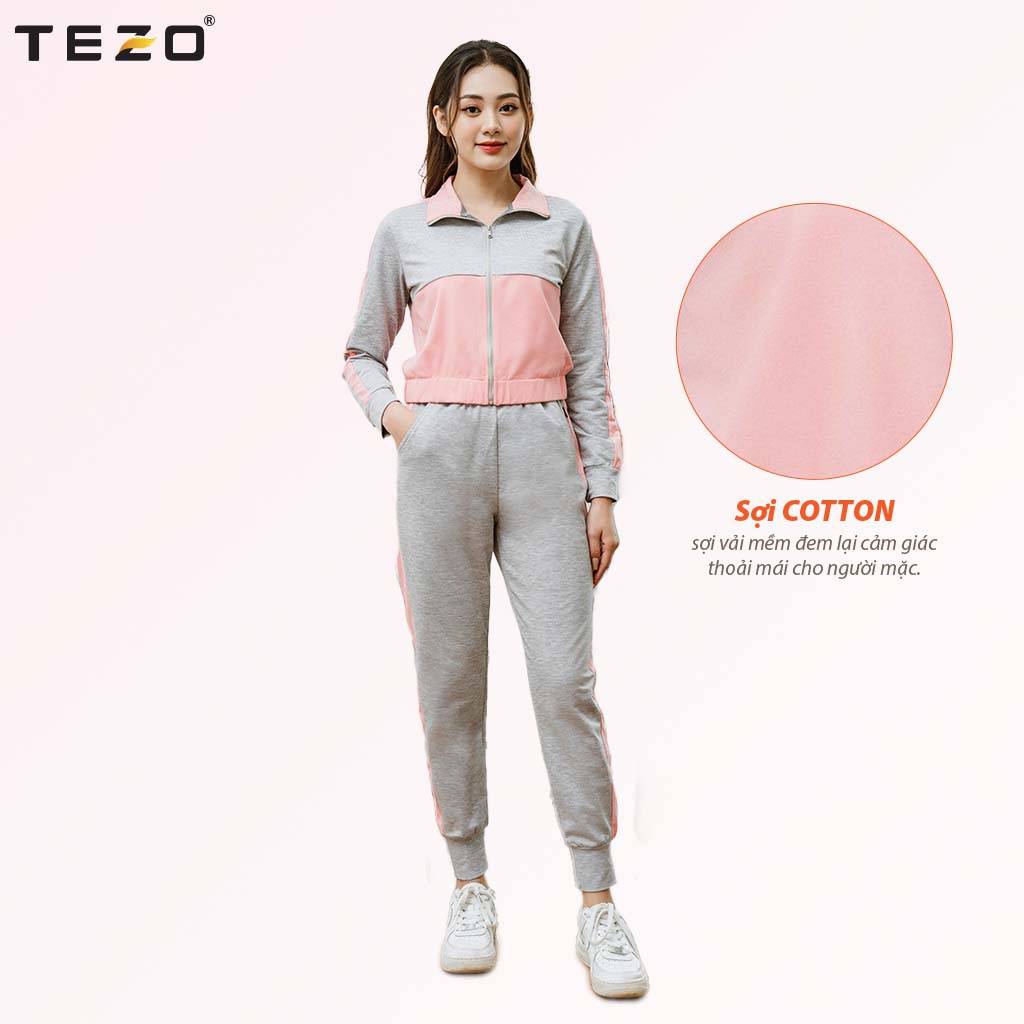 Bộ nỉ nữ TEZO tách lẻ quần hoặc áo nỉ chun kéo khoá không mũ hai màu mã 2112ANKK03
