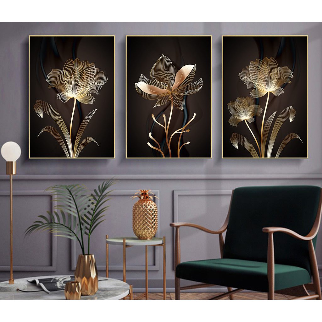 Bộ 3 Tranh Tráng Gương Treo tường Phong Thuỷ Hoa Sen, Liên Hoa Trước Gió