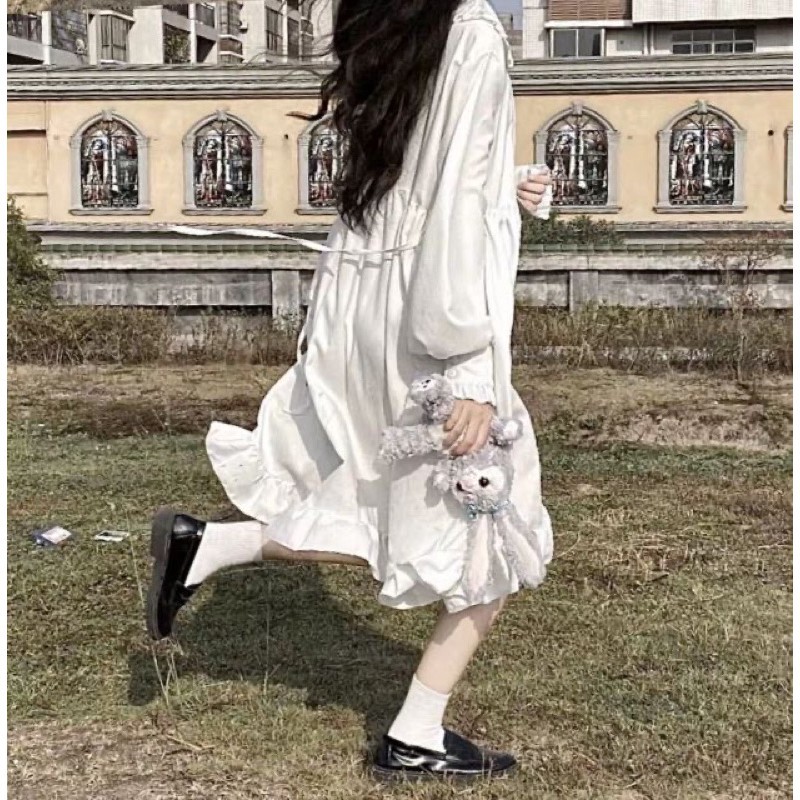 Váy BabyDoll Trắng Đầm Suông Cổ Tròn Form Rộng Phong Cách Hàn Quốc