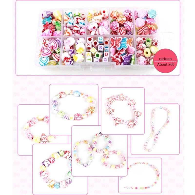 Bộ hộp hạt nhựa acrylic hoạt hình làm thủ công/trang sức/dây chuyền cho bé