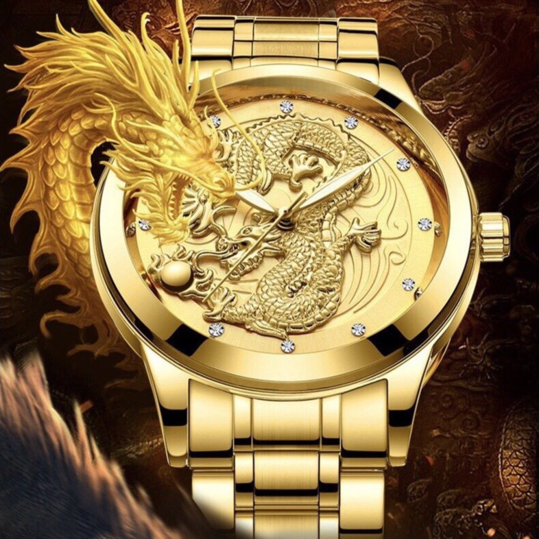 Đồng hồ nam dây thép đúc cao cấp mặt chạm khắc hình rồng vàng uốn lượn độc đáo - Tặng kèm hộp Giá: 299k