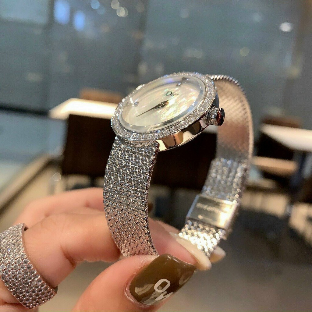 Đồng hô nữ Dior dây thép lụa viền đá, không gỉ, bảo hành 12 tháng