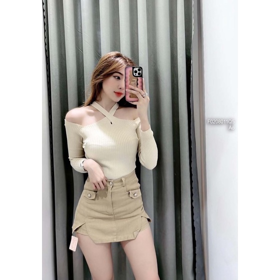 Áo len nữ phối gân tay dài cổ yếm khoét vai VIENS STORE