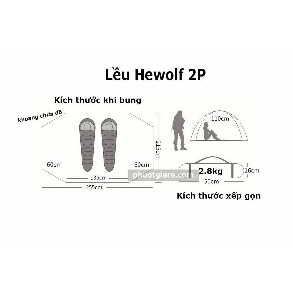 Lều Hewolf 2 người khung nhôm chống mưa gió rất tốt