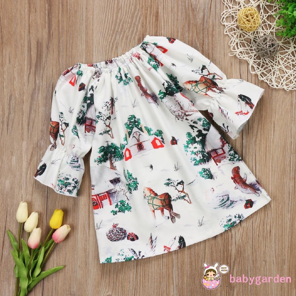 Đầm tay lửng in họa tiết chủ đề giáng sinh dễ thương cho bé gái