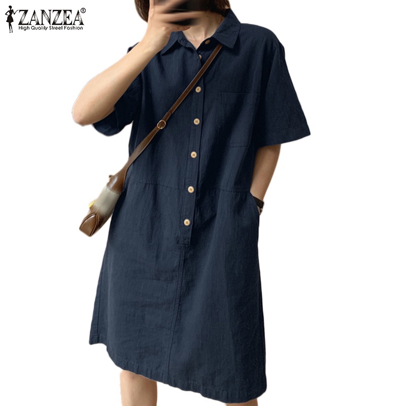 Đầm midi ZANZEA gài nút ngắn tay cổ bẻ thời trang cho nữ