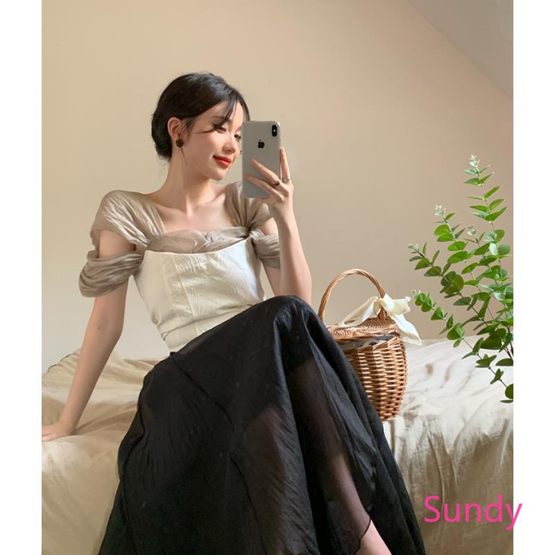 Áo Kiểu Trễ Vai Phối Lưới Thời Trang Mùa Hè Phong Cách Vintage Cho Nữ