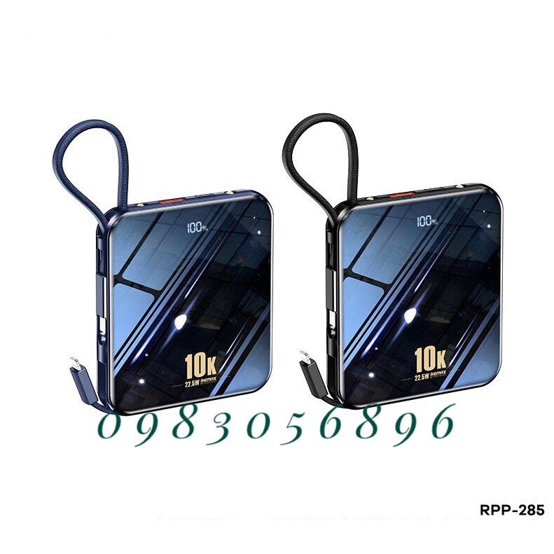 Sạc dự phòng 10000mah Remax RPP 285 sạc nhanh 20w và tích hợp 2 dây sạc